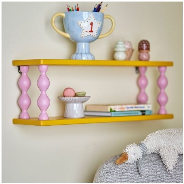 Wandregal aus Holz Bibiola - 60 cm - Gelb / Rosa