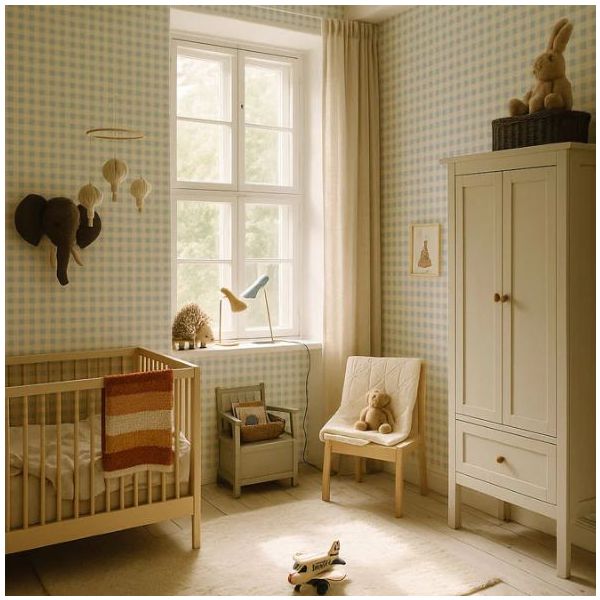 Papier peint Carreaux Minimini - Bleu / Crème