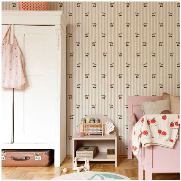 Papier peint Petites Cerises - Rayures Beige