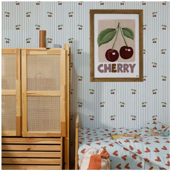 Papier peint Petites Cerises - Rayures Bleu