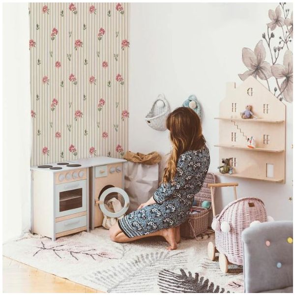 Papier peint Roses & Rayures Beige