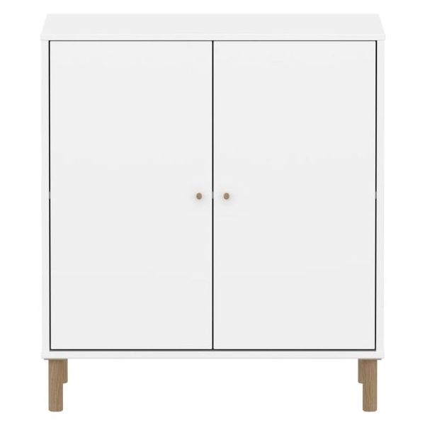 Armoire basse 2 portes Saga - Pieds en chêne - Blanc / Chêne