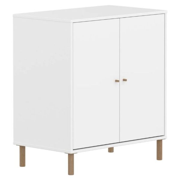 Armoire basse 2 portes Saga - Pieds en chêne - Blanc / Chêne