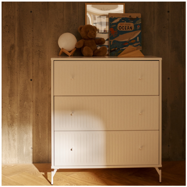 Saga Dresser - 3 Drawers - Metal Feet - Grooved White / White