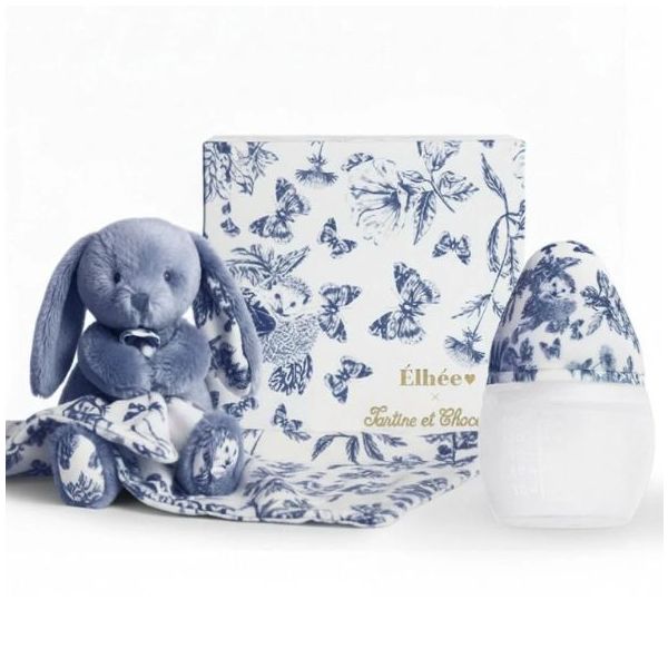 Babyflaschen & Kuscheltier Geschenkset - Tartine et Chocolat - Toile de Jouy Blau