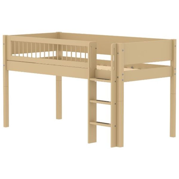 White Mid-High Bed 90 x 200 cm - Straight ladder - Slatted Safety Rail - Sand