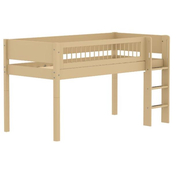 White Mid-High Bed 90 x 200 cm - Straight ladder - Slatted Safety Rail - Sand