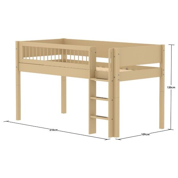 White Mid-High Bed 90 x 200 cm - Straight ladder - Slatted Safety Rail - Sand