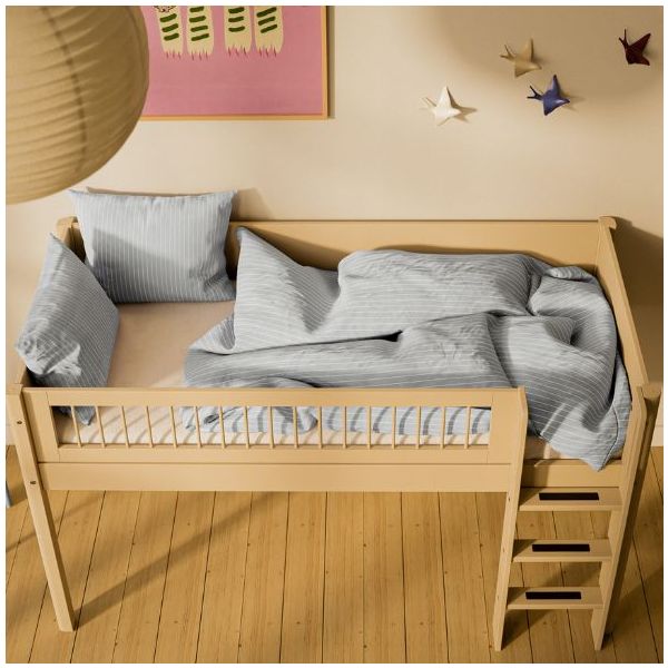 White Mid-High Bed 90 x 200 cm - Straight ladder - Slatted Safety Rail - Sand