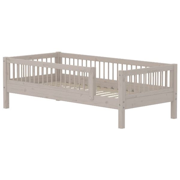 Classic Single Bed with 3/4 Safety Rail 90 x 200 cm - Slatted Sides - Whitewashed Grey