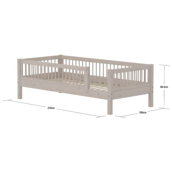 Classic Single Bed with 3/4 Safety Rail 90 x 200 cm - Slatted Sides - Whitewashed Grey