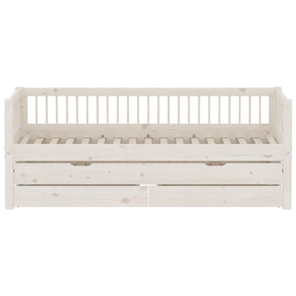 Lit gigogne avec tiroirs de rangement Classic 90 x 200 cm - Montants à barreaux - Blanc Cérusé