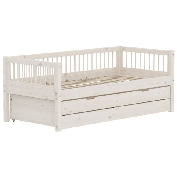 Lit gigogne avec tiroirs de rangement Classic 90 x 200 cm - Montants à barreaux - Blanc Cérusé