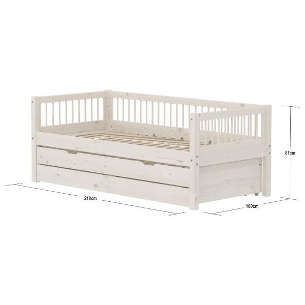 Lit gigogne avec tiroirs de rangement Classic 90 x 200 cm - Montants à barreaux - Blanc Cérusé