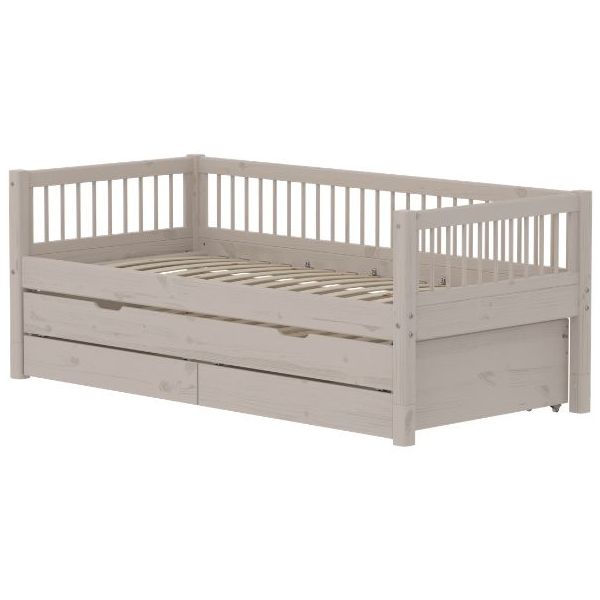 Classic Trundle Bed with Drawers 90 x 200 cm - Slatted Sides - Whitewashed Grey