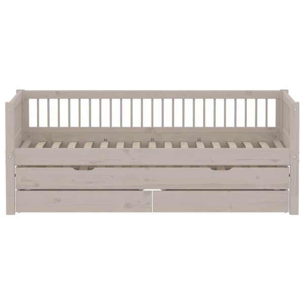 Classic Trundle Bed with Drawers 90 x 200 cm - Slatted Sides - Whitewashed Grey