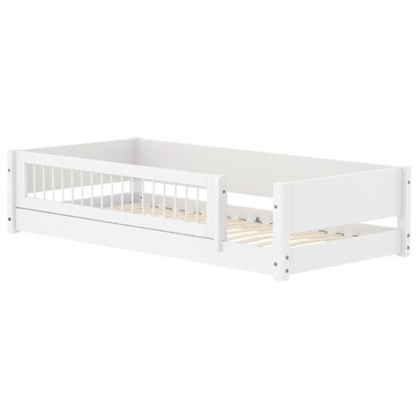 White Montessori Convertible Floor Bed with 3/4 Safety Rail 90 x 200 cm - Slatted Safety Rail - White