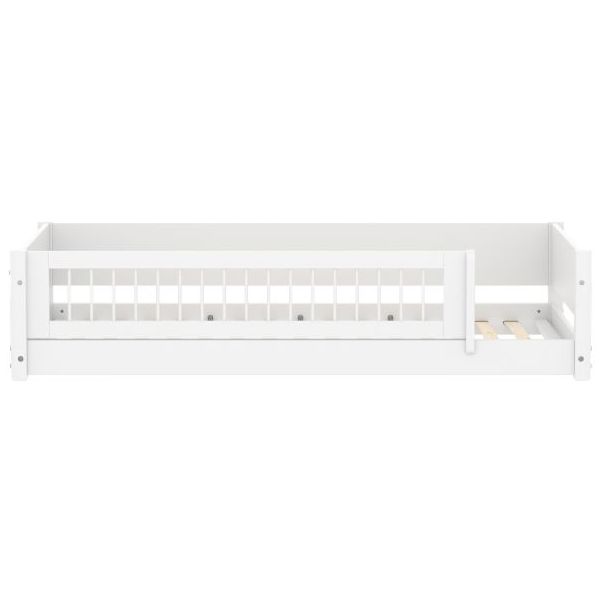 White Montessori Convertible Floor Bed with 3/4 Safety Rail 90 x 200 cm - Slatted Safety Rail - White