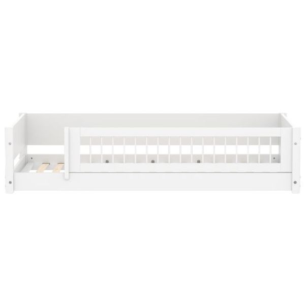 White Montessori Convertible Floor Bed with 3/4 Safety Rail 90 x 200 cm - Slatted Safety Rail - White
