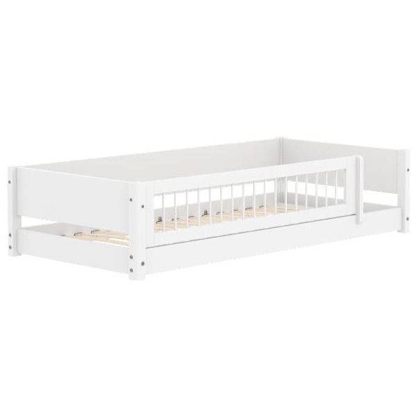 White Montessori Convertible Floor Bed with 3/4 Safety Rail 90 x 200 cm - Slatted Safety Rail - White
