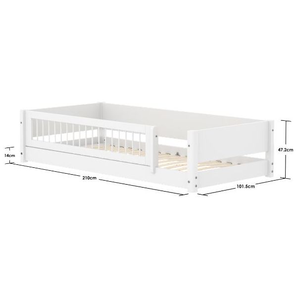White Montessori Convertible Floor Bed with 3/4 Safety Rail 90 x 200 cm - Slatted Safety Rail - White