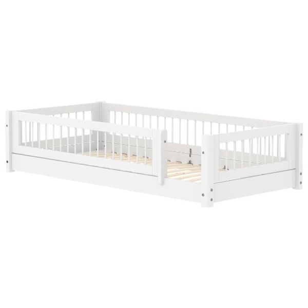 White Montessori Convertible Floor Bed with 3/4 Safety Rail 90 x 200 cm - Slatted Side Rails & Safety Rail - White