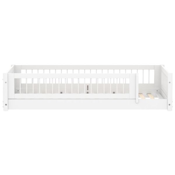 White Montessori Convertible Floor Bed with 3/4 Safety Rail 90 x 200 cm - Slatted Side Rails & Safety Rail - White