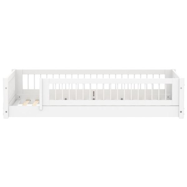 White Montessori Convertible Floor Bed with 3/4 Safety Rail 90 x 200 cm - Slatted Side Rails & Safety Rail - White