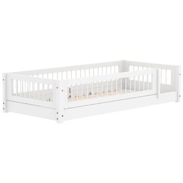 White Montessori Convertible Floor Bed with 3/4 Safety Rail 90 x 200 cm - Slatted Side Rails & Safety Rail - White