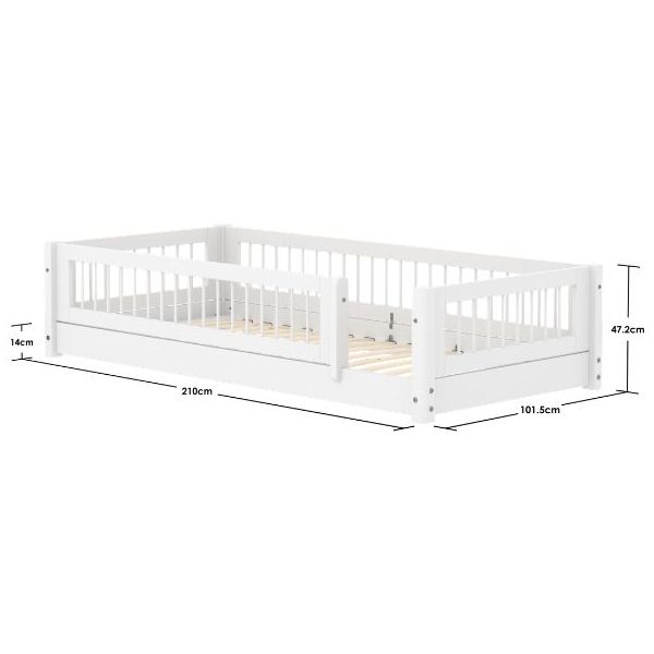 White Montessori Convertible Floor Bed with 3/4 Safety Rail 90 x 200 cm - Slatted Side Rails & Safety Rail - White
