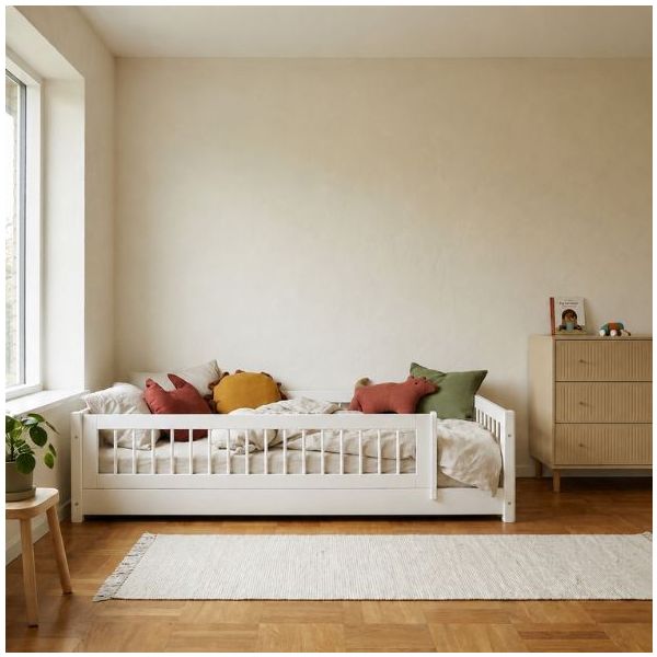 White Montessori Convertible Floor Bed with 3/4 Safety Rail 90 x 200 cm - Slatted Side Rails & Safety Rail - White