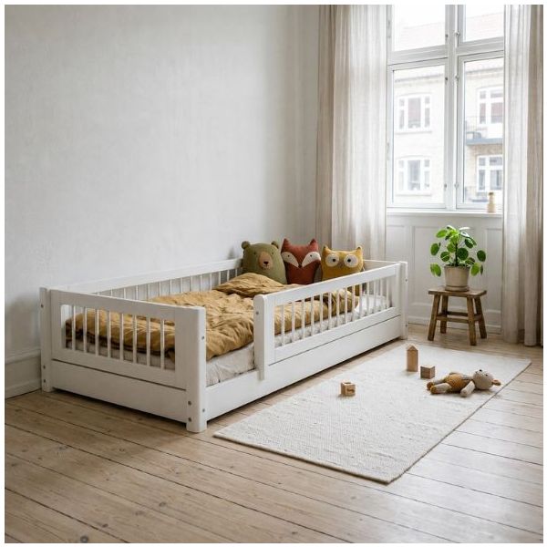 White Montessori Convertible Floor Bed with 3/4 Safety Rail 90 x 200 cm - Slatted Side Rails & Safety Rail - White