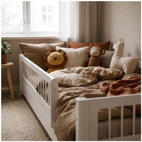 White Montessori Convertible Floor Bed with 3/4 Safety Rail 90 x 200 cm - Slatted Side Rails & Safety Rail - White