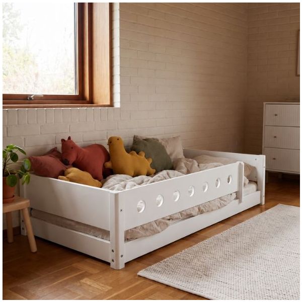 White Montessori Convertible Floor Bed with 3/4 Safety Rail 90 x 200 cm - Perforated Safety Rail - White