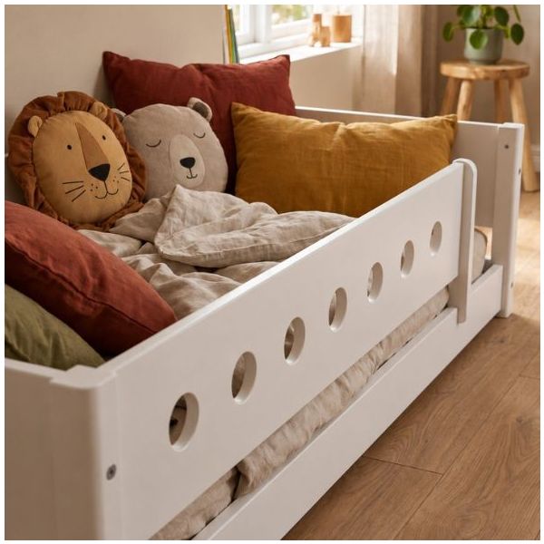 White Montessori Convertible Floor Bed with 3/4 Safety Rail 90 x 200 cm - Perforated Safety Rail - White