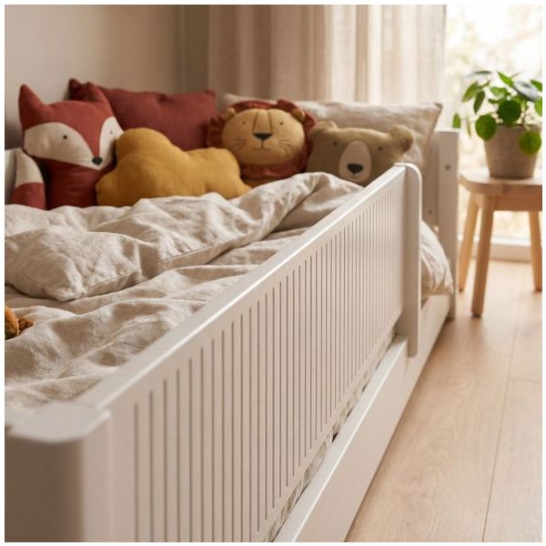 White Montessori Convertible Floor Bed with 3/4 Safety Rail 90 x 200 cm - Grooved Safety Rail - White