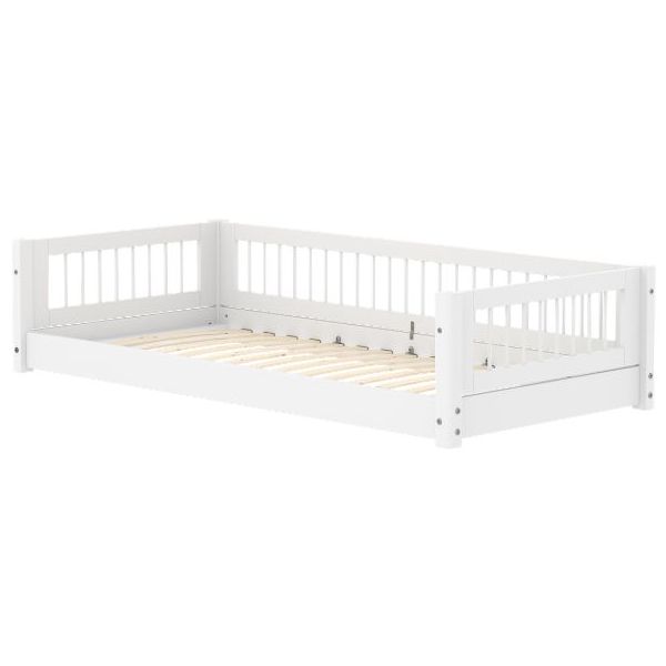 White Montessori Convertible Floor Bed 90 x 200 cm - Slatted Side Rails - White