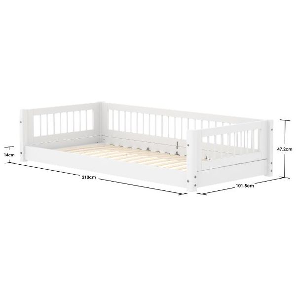 White Montessori Convertible Floor Bed 90 x 200 cm - Slatted Side Rails - White