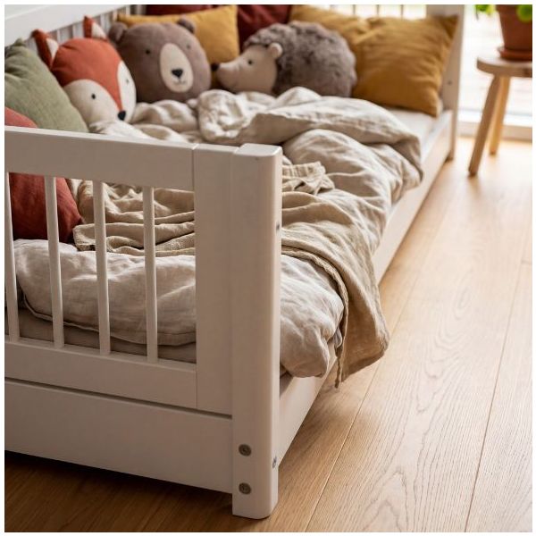 White Montessori Convertible Floor Bed 90 x 200 cm - Slatted Side Rails - White