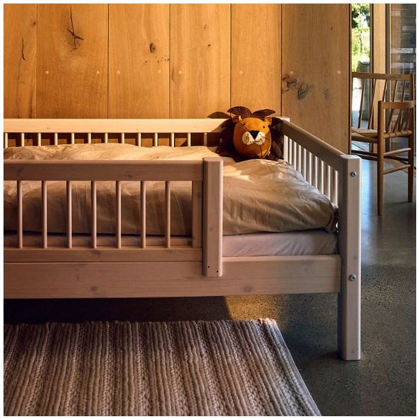 Raw Single Bed with 3/4 Safety Rail 90 x 200 cm - Slatted Sides - Pine