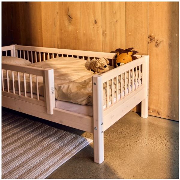 Raw Single Bed with 3/4 Safety Rail 90 x 200 cm - Slatted Sides - Pine