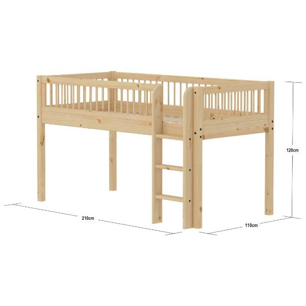 Raw Mid-high bed (120 cm) - Straight ladder - Slatted Sides - Pin