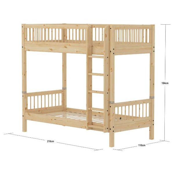 Raw Bunk Bed 90 x 200 cm - Slatted Sides - Pine