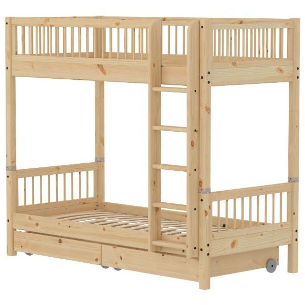 Raw Bunk Bed with Storage Drawers 90 x 200 cm - Slatted Sides - Pine