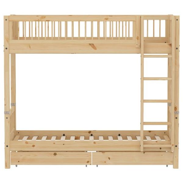 Raw Bunk Bed with Storage Drawers 90 x 200 cm - Slatted Sides - Pine