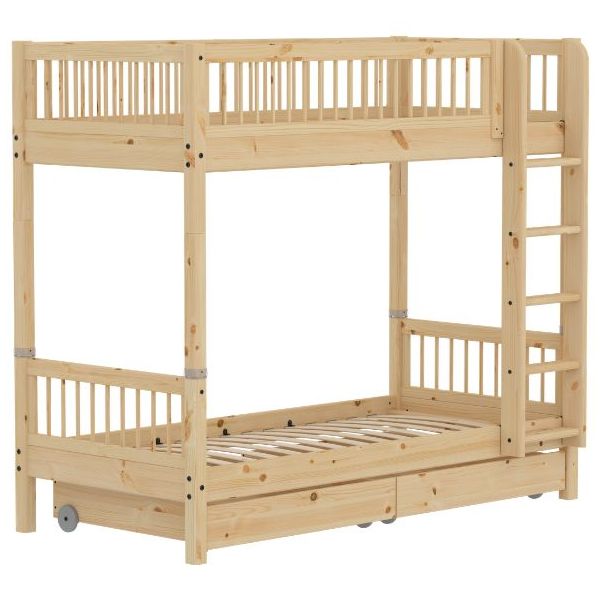 Raw Bunk Bed with Storage Drawers 90 x 200 cm - Slatted Sides - Pine