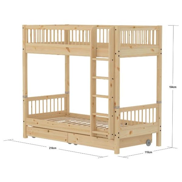 Raw Bunk Bed with Storage Drawers 90 x 200 cm - Slatted Sides - Pine