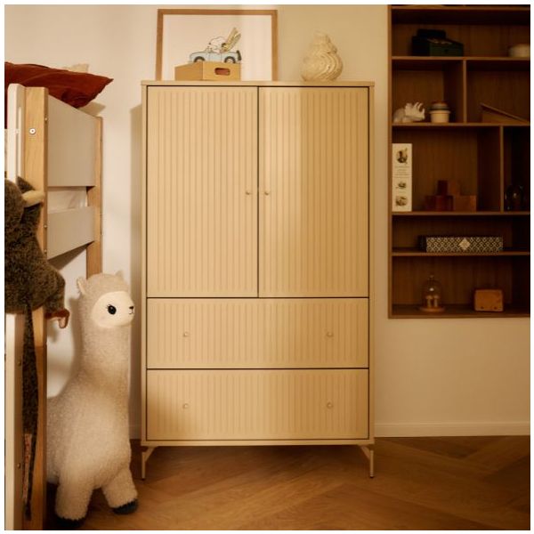Saga 2 Doors & 2 Drawers Wardrobe - Metal Feet - Grooves Oat / Oat