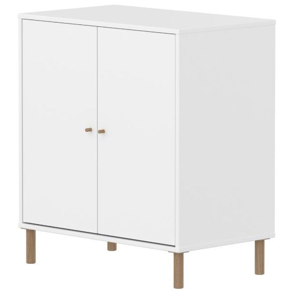 Armoire basse 2 portes Saga - Pieds en chêne - Blanc / Chêne