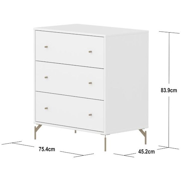 Saga Dresser - 3 Drawers - Metal Feet - White / Oat